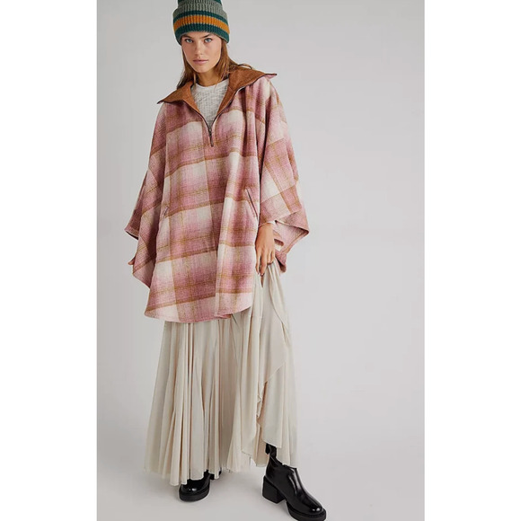 NEW FREE PEOPLE PINK WOODSTOCK BRUSHED PLAID PONCHO CAPE JACKET ONE SIZE - Picture 1 of 12